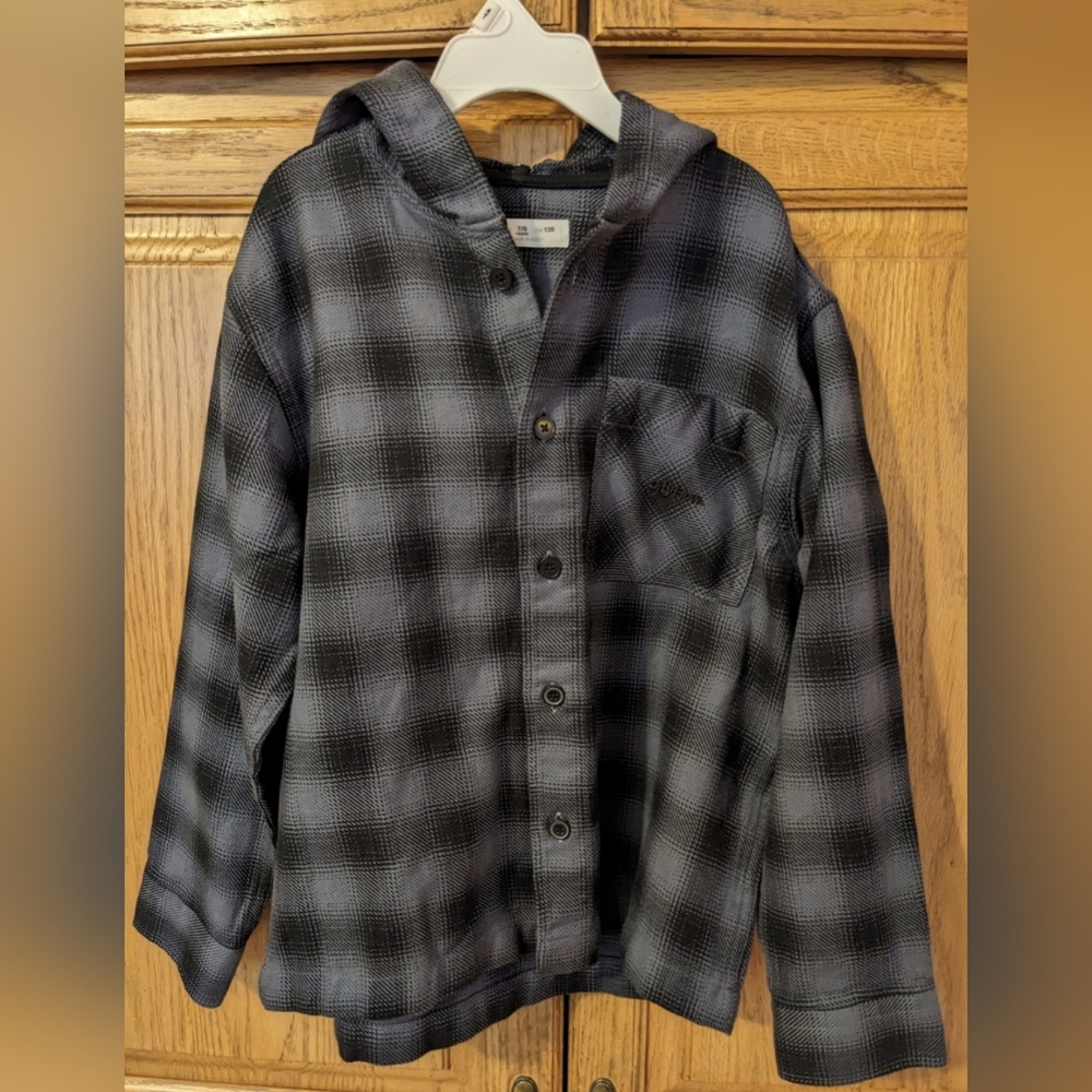 Zara Kids Plaid Hooded Shirt - Black and Gray